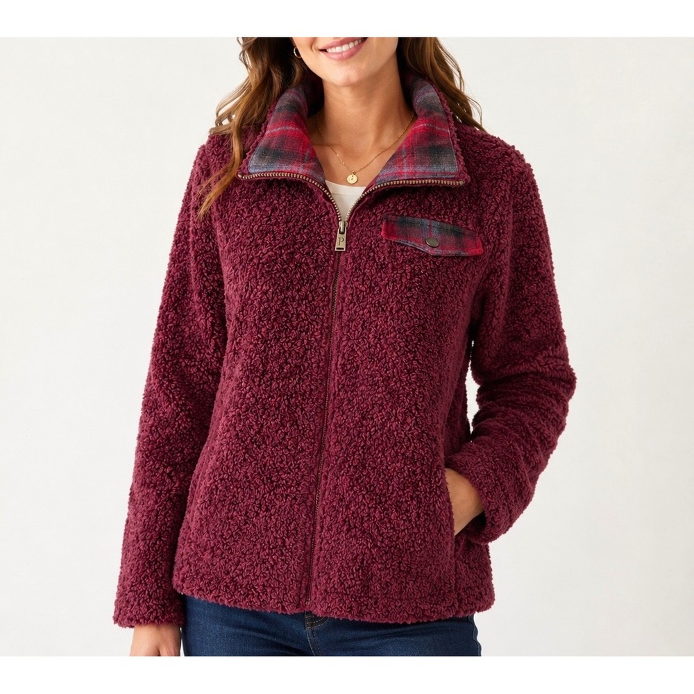 Pendleton Fleece Jacket Sherpa Womensā Plaid Trim Full Zip Burgundy Red Large